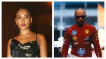 Bella Campos posa para fotos ao lado de Lewis Hamilton no Catar